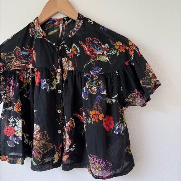 Free People Sweet Escape Cropped Cotton Blouse in Black Floral - XS - Picture 5 of 9